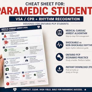 May include: A white cheat sheet for paramedic students, held by a hand, with red and blue text. The sheet covers VSA, CPR, and rhythm recognition, designed for Ontario PCP students. Includes medical cardiac arrest algorithm, shockable vs non-shockable rhythms, and scenario practice.