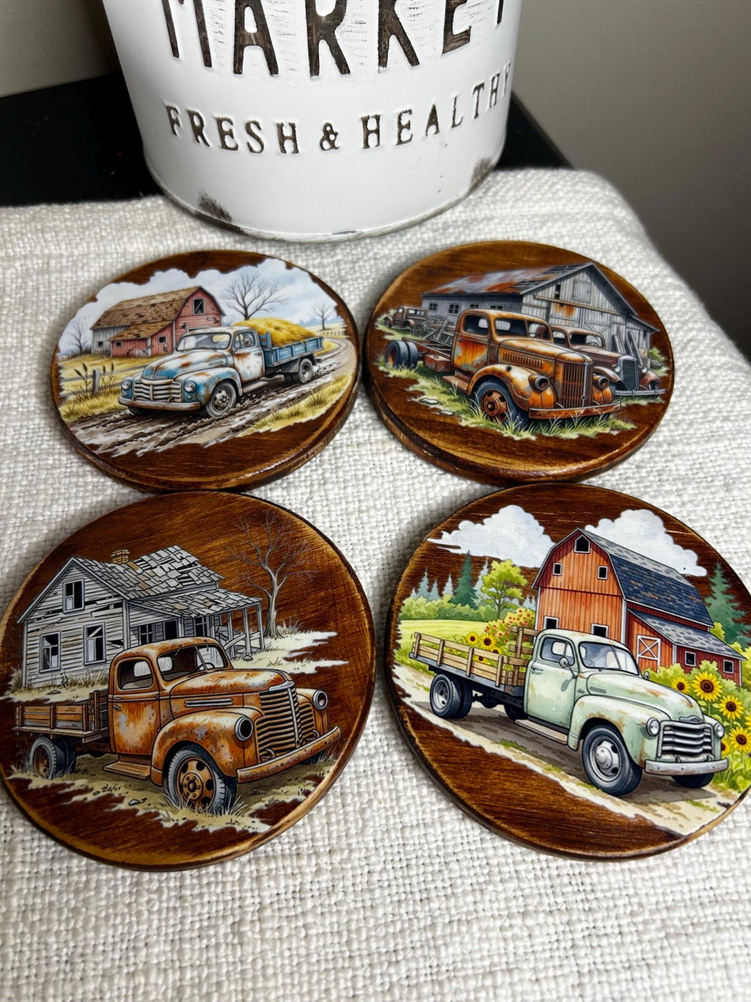Vintage Farm Truck Coasters | Rustic Barn Scene Wooden Drinkware Set - Etsy
