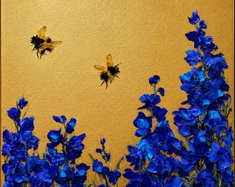 Bee Wall Art | Framed Blue Flower Painting | Two Bees Floral Artwork | Nature Lover Gift | Botanical Decor | Garden Wall Art