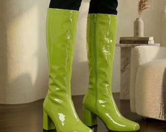 Women's Go Go Boots: Knee-High Patent Block Heel Retro 60s 70s Style