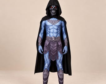 Costume da Skeletor per cosplay, tuta intera con mantello con cappuccio da cattivo di He-Man per bambini/uomini