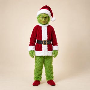 Op de afbeelding: Een volledig kostuum met een groen harig karaktermasker, bijpassende groene harige handschoenen en een groene harige broek. De outfit bevat een rood fluwelen jasje met witte imitatiebontranden, een zwarte riem en een rode kerstmuts.