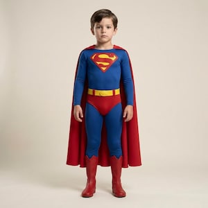 Peut inclure: Un justaucorps bleu à manches longues avec un emblème rouge sur la poitrine arborant un S jaune, une cape rouge, une ceinture jaune, un slip rouge sur des leggings bleus et des bottes rouges. Le costume présente une esthétique de super-héros.