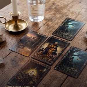May include: A collection of tarot cards with detailed illustrations, arranged on a wooden surface. A lit candle in a brass holder and a glass of water are also present. The text on the cards reads "The Ace of..." and "The Minor Arcana".