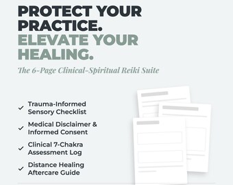 Formulario de admisión de clientes de Reiki y registro de sesiones / Formularios comerciales para sanadores energéticos / Guía de cuidados posteriores al Reiki a distancia / Plantilla de evaluación de chakras
