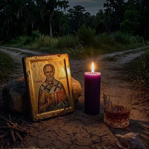 Könnte beinhalten: Eine Ikone, eine brennende lila Kerze und ein Glas bernsteinfarbener Flüssigkeit stehen auf einem Feldweg unter einem Vollmond. Der Text lautet: "Du bist nicht verwirrt. Du bist ein Zeuge."