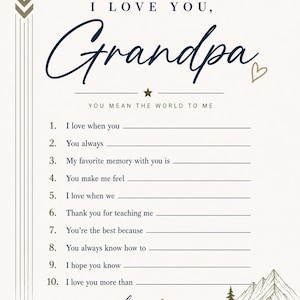 Peut inclure: Une carte crème à remplir avec le texte "Reasons I Love You, Grandpa" en écriture manuscrite bleu marine. Comprend des invites pour écrire sur les souvenirs et les sentiments, avec une illustration de montagne et d'arbres.