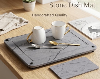 Stone Drying Mat for Kitchen Counter + Sink Caddy: Diatomaceous Earth Drying Mat with Stainless Steel Feet (Gray)