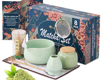 8PCs Matcha Whisk Set: Green Ceramic Matcha Bowl & Authentic Bamboo Kit - Complete Japanese Tea Ceremony Set - Perfect Matcha Latte Gift