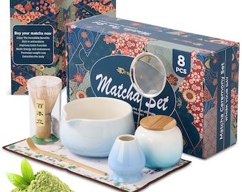 8PCs Matcha Whisk Set: Blue Ceramic Matcha Bowl & Authentic Bamboo Kit - Complete Japanese Tea Ceremony Set - Perfect Matcha Latte Gift Kit
