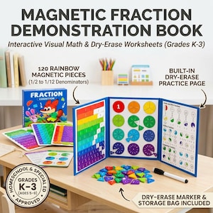 May include: A magnetic fraction demonstration book featuring 120 rainbow magnetic pieces with denominators from 1/2 to 1/12, a built-in dry-erase practice page, and a dry-erase marker. The set includes a storage bag and is approved for grades K-3.