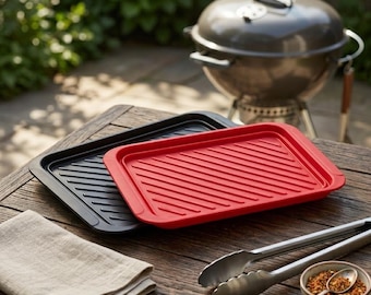 BBQ Prep and Serve Tray Set of 2, Large Melamine Grilling Platter for Raw and Cooked Meat, Gift for Grill Master, Red & Black