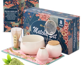 8PCs Matcha Whisk Set: Pink Ceramic Matcha Bowl & Authentic Bamboo Kit - Complete Japanese Tea Ceremony Set - Perfect Matcha Latte Gift Kit