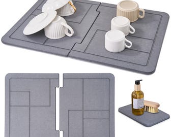 Diatomite Stone Collapsible Dish Drying Mat for Kitchen Counter: Large Stone Dish Drying Mat, Quick Dry Stone Dishes Mats (Detachable Gray)