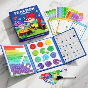 May include: A Fraction Cognition educational game set featuring a blue box with a fox illustration, colorful magnetic fraction bars, circular fraction pieces, activity sheets, and a black dry-erase marker for learning math concepts.