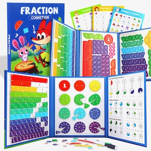 May include: A Fraction Cognition educational set featuring a blue folder with a fox and rabbit illustration, colorful magnetic fraction bars, circular fraction pieces, and activity worksheets. Includes a white dry-erase marker for math practice.