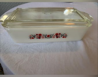 Fire King White Milk Glass Covered Casserole with Red & Pink Primrose Pattern