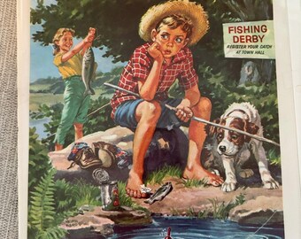 Imprimé derby de pêche vintage - Garçon en chemise à carreaux rouge. Par Keith Ward