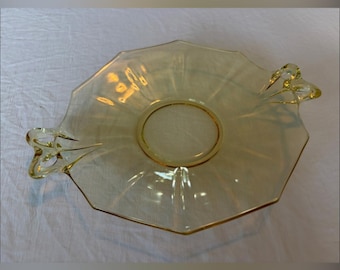 Plat de service vintage Fostoria en verre jaune avec poignées décoratives