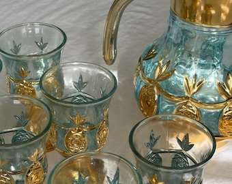 Service à boisson vintage en verre bleu et ananas doré, vers les années 1950/60 - En parfait état !