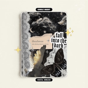 May include: A rectangular Kindle insert featuring a dark night sky with clouds, stars, and a crescent moon. It includes a white lace border, a moth, a statue wing, and a paper scrap with the text illecebrous and fall into the dark.