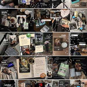 Puede incluir: Un collage digital que presenta portadas de libros, tazas de café, lectores electrónicos y notas escritas a mano. El diseño incluye superposiciones de texto como 'my november tbr', 'currently reading', 'dear diary' y 'october favorites' entre varias imágenes literarias.