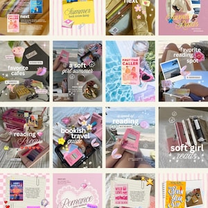 Può includere: Un collage di sedici post sui social media con vari libri, accessori per la lettura e articoli da viaggio. Le immagini includono copertine di libri, scene di spiaggia, caffè, cancelleria e sovrapposizioni di testo digitale con temi di lettura.