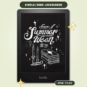 May include: A black e-reader device displaying a digital lockscreen graphic with the text House of Summer Ween. The screen features white line art of a stack of books, two lit candles, and small stars against a dark grid background.