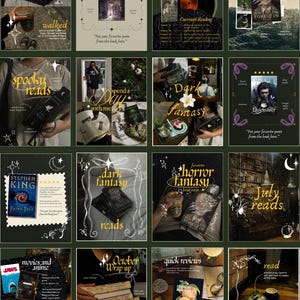May include: A digital collage of sixteen social media graphics featuring book-themed layouts, text overlays like 'spooky reads' and 'dark fantasy', book covers, coffee cups, and decorative hand-drawn illustrations of stars, moons, and spiders.