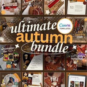 May include: A digital collage of Canva templates featuring autumn-themed book reading layouts, including text overlays like ultimate autumn bundle, october reads, my autumn tbr, and my fall tbr, with various book covers, coffee cups, and cozy seasonal imagery.