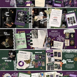 May include: A digital collage featuring book reviews, reading statistics, and TBR lists with dark fantasy themes. The layout includes book covers, handwritten notes, star ratings, and floral accents on deep purple and dark green backgrounds.