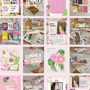 May include: A collection of pink and white digital graphics with book-themed elements. The graphics include book covers, reading wrap-up pages, and templates for social media posts. The text includes "Summer Reading" and "June Reading Goals".