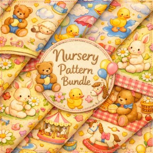 Puede incluir: Colección de patrones de tela con temática de guardería, con osos de peluche, conejitos, patos y otras ilustraciones bonitas. Los patrones utilizan colores pastel y el texto "Nursery Pattern Bundle" en el centro.