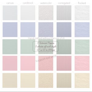 May include: A grid of 25 textured paper squares in various colors and styles. The styles include canvas, cardstock, watercolor, corrugated, and flocked. Each style has five shades. The text reads "Hand crafted without the use of AI".