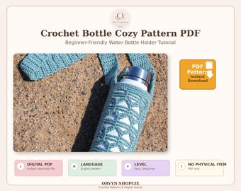 Crochet Bottle Cozy Pattern PDF – Water Bottle Holder Crochet Tutorial – Beginner Friendly Bottle Bag – Instant Download