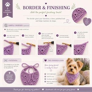 May include: A crochet pattern guide with step-by-step instructions for creating a bandana border. The guide includes diagrams and a finished product photo of a dog wearing the bandana. Text includes "Border & Finishing" and "Your furry friend is ready to shine!"