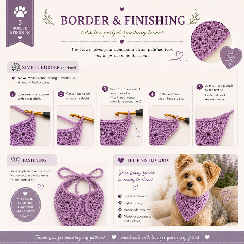 May include: A crochet pattern guide with step-by-step instructions for creating a bandana border. The guide includes diagrams and a finished product photo of a dog wearing the bandana. Text includes "Border & Finishing" and "Your furry friend is ready to shine!"
