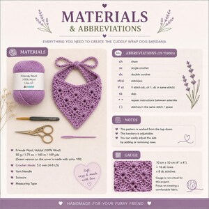 May include: A lilac-colored crochet dog bandana, yarn, crochet hook, scissors, and yarn needle are displayed. The image includes a materials and abbreviations guide for the bandana, with measurements in inches.