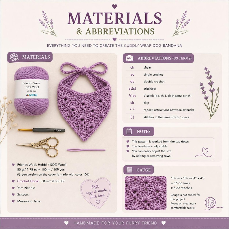 May include: A lilac-colored crochet dog bandana, yarn, crochet hook, scissors, and yarn needle are displayed. The image includes a materials and abbreviations guide for the bandana, with measurements in inches.