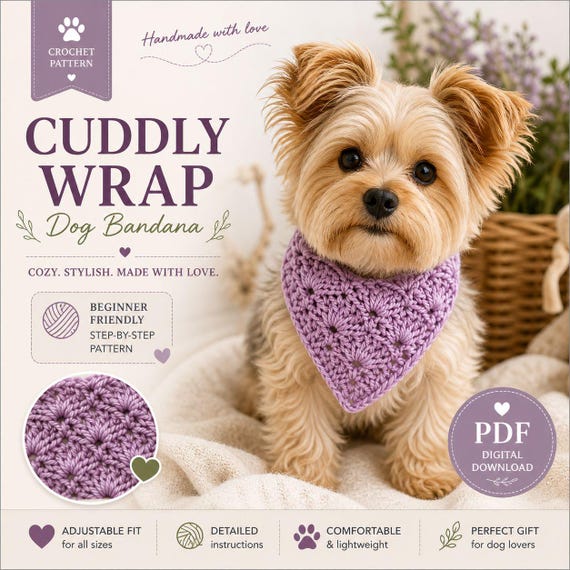 Cuddly Wrap Dog Bandana Crochet Pattern PDF – Beginner Friendly Pet Bandana Tutorial, Adjustable Crochet Dog Scarf.