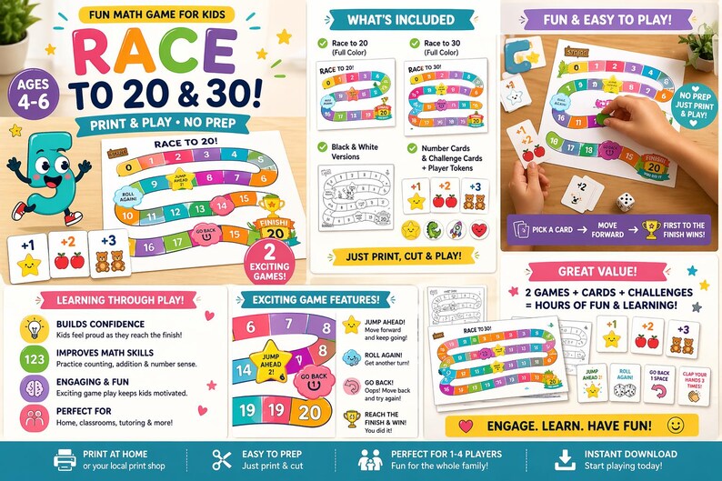Math Game Printable for Kids Ages 4–6 | Race to 20 & 30 Board Game - Etsy