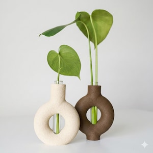 Op de afbeelding: Twee decoratieve vazen, één beige en één bruin, elk met een cirkelvormig ontwerp en een heldere glazen buis voor het tentoonstellen van planten. De vazen bevatten groene bladplanten, waardoor een minimalistische esthetiek ontstaat.