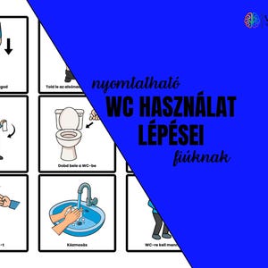 May include: A poster with illustrated steps for using the toilet, including lowering pants, wiping, flushing, and washing hands. Text in Hungarian reads "WC Usage Steps for Boys."
