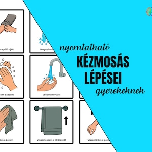May include: A poster with illustrated steps for handwashing, including rolling up sleeves, washing hands with soap, rinsing, drying with a towel, and putting sleeves back down. Text in Hungarian reads "Handwashing steps for children."