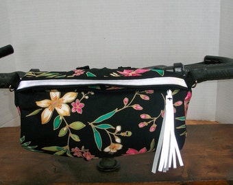 Handlebar Bike Bag / Crossbody Bag / Tropical Flora on Black / Reflective Tape and Tassel