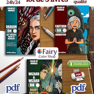 以下が含まれることがあります： 「Dragon On」や「Wizard & Wizard On Harry Potter」など、ファンタジーをテーマにした3冊の塗り絵。詳細なイラストと「Color by Number」の文字が特徴です。鉛筆とマーカーも写っています。