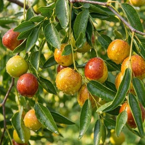 May include: Close-up of a jujube tree branch laden with ripe fruit. The jujubes range in color from green to yellow and red, with water droplets glistening on their surfaces. The leaves are a deep green.