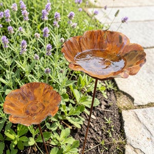 Rustic Metal Flower Rain Catcher Stake, Poppy Garden Bowl Decor