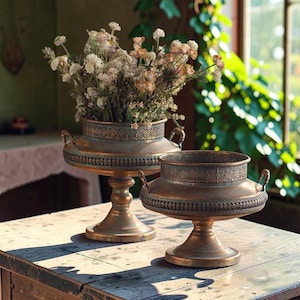 May include: Two antique bronze-colored pedestal vases with intricate detailing and handles. One vase is filled with dried flowers. The vases are on a wooden table, with natural light from a window in the background.
