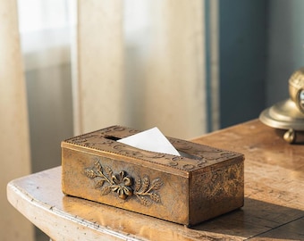 Antique Bronze Metal Tissue Box Cover, Vintage Floral Tissue Holder